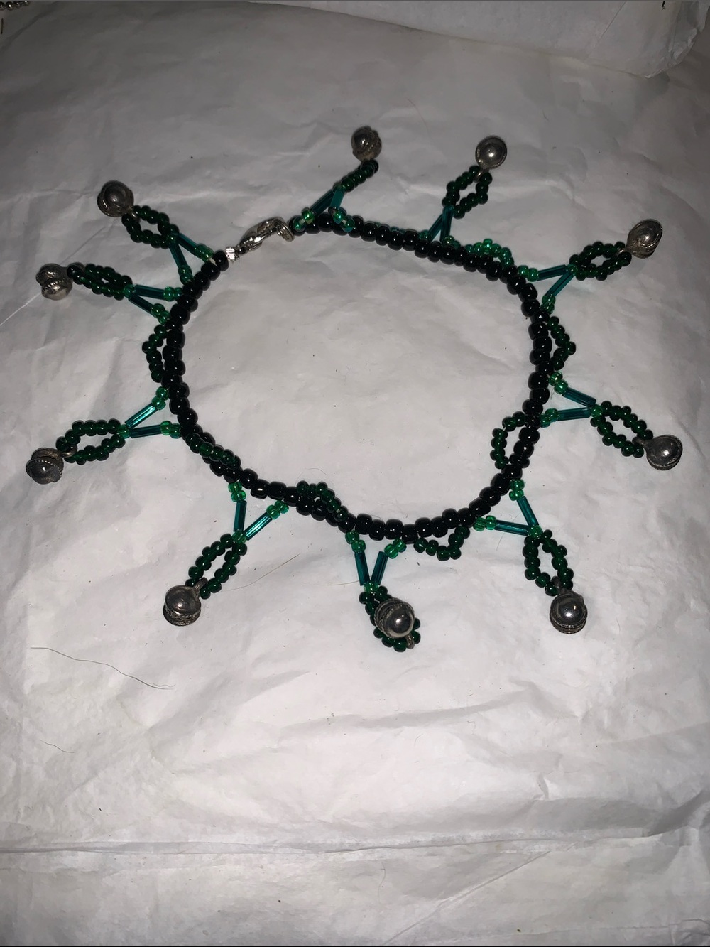 Green and Black Beaded Fringe ankle Bracelet with Silver Accents